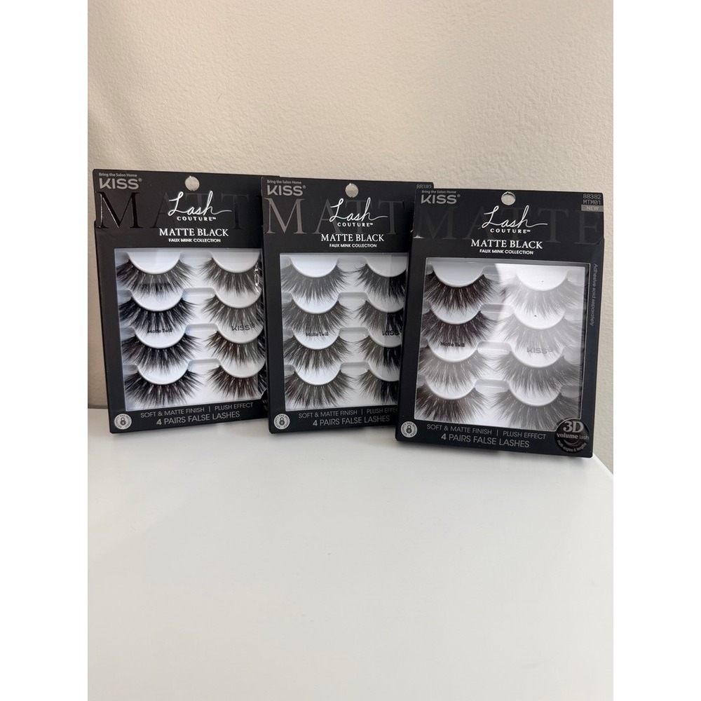 KISS False Eyelashes Womens 4 Pairs 3pk Matte Black Faux‎ Mink Matte Twill NWT